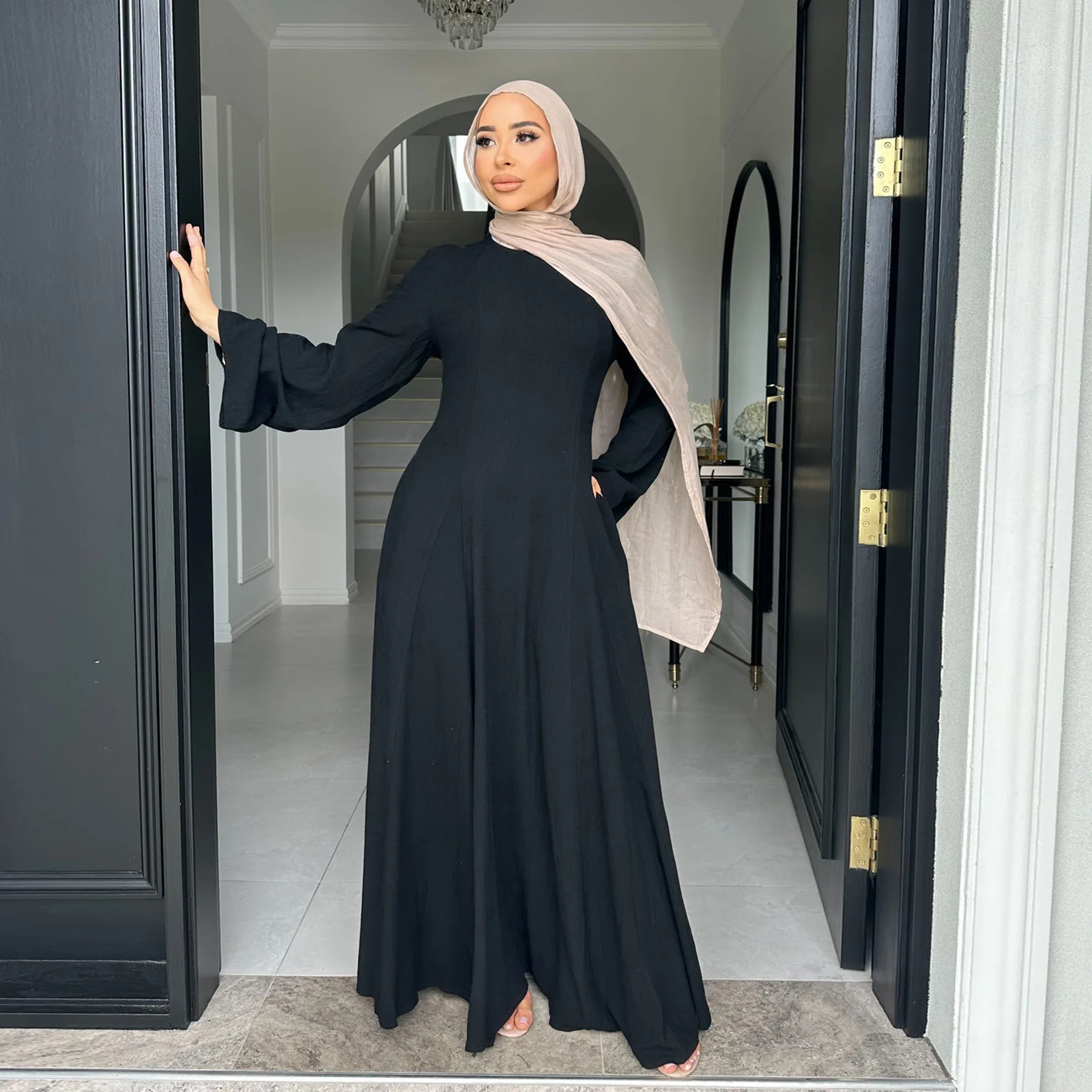 L-247 Modest Breathable Linen Polyester Elegant Ankle Length Abaya Dress  Women Muslim Islamic Clothing Long Drawstring