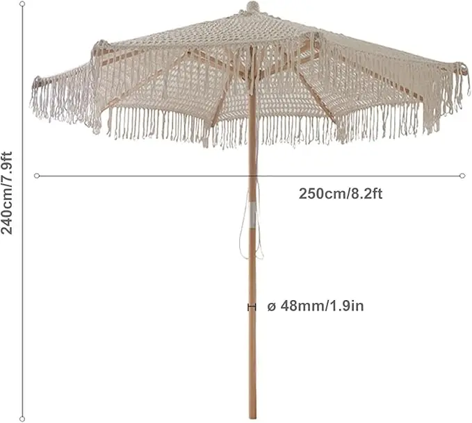Luxury 2.5M Wooden Pole Macrame Ropes Open Parasol Sun Protection Garden Patio Umbrella with Modern Design for Hotels Parks