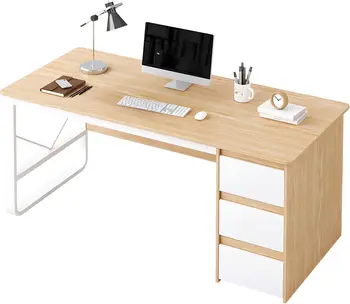 MDF PB Modern Wood Writing Desk with 3 Drawers and Standard Height Rectangular Office Desk Computer Desk without Chairs Walnut