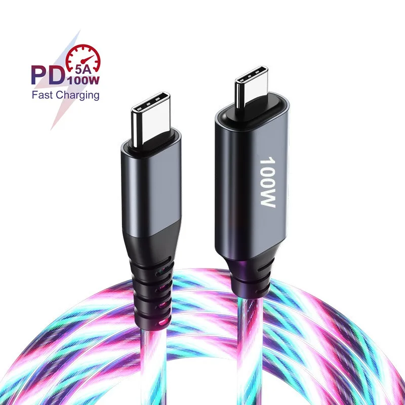 LC5A 100W 5A LED Super Fast Charging Data Cables Quick Charger Glowing Type C to USB C  Cable for Mobile Phone Laptop Tablets