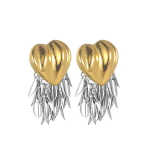 YUKAM Women Jewelry Bohemian Exaggerated Geometric Fold Large Heart Uneven Texture Tassel Leaf Dangle Earrings Two Tones Earring