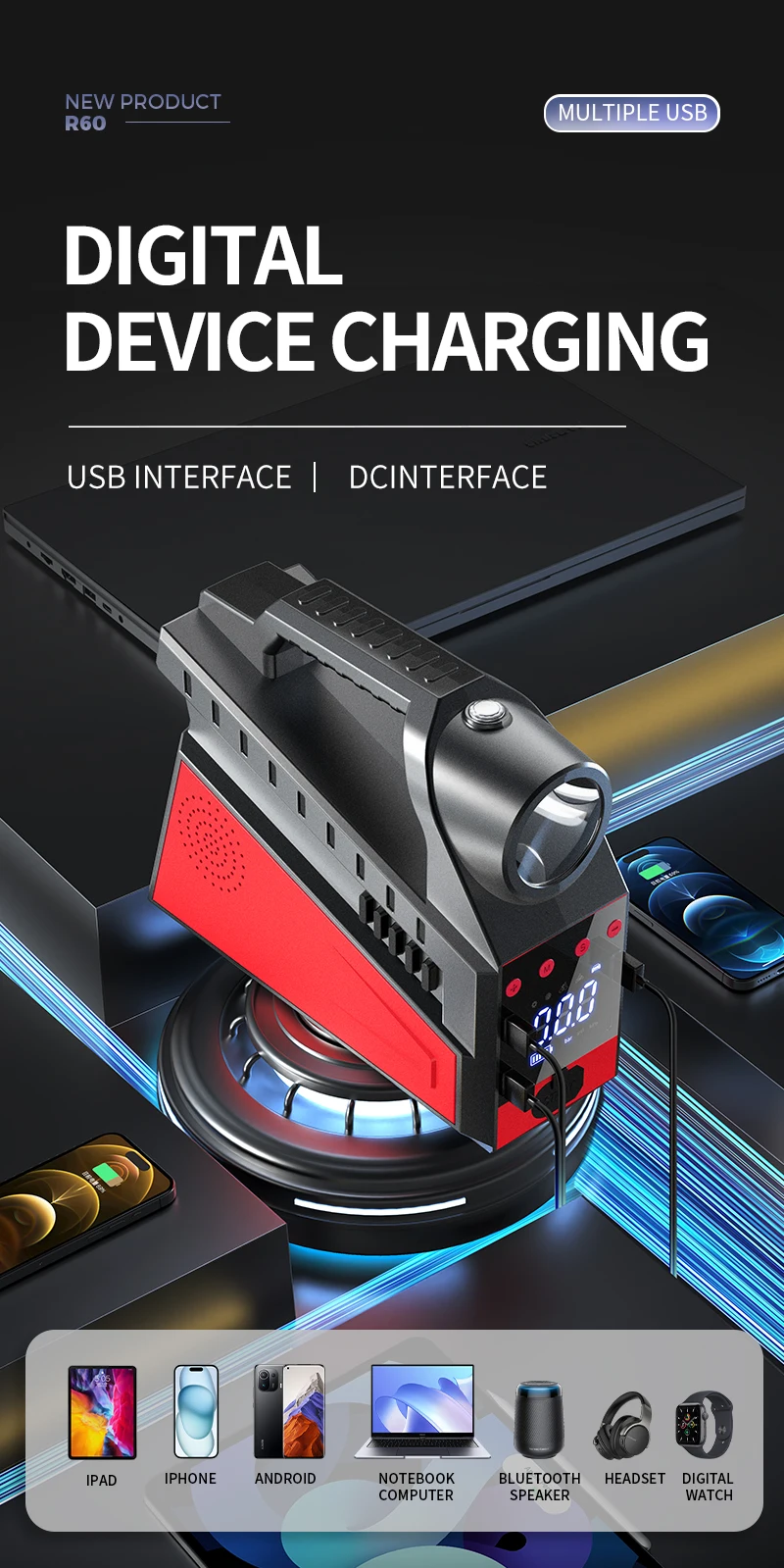 New 4 in 1 Portable Emergency Jump Starter Tyre air Pump with Power Bank air Compressor Car Inflator with LED Light