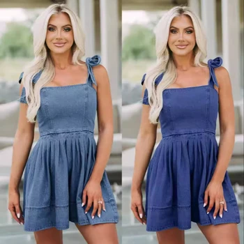 European American Vintage Chic Fashion Women's Dress New Style Halter Denim Empire Waistline Solid Pattern PU Spring/Summer ODM