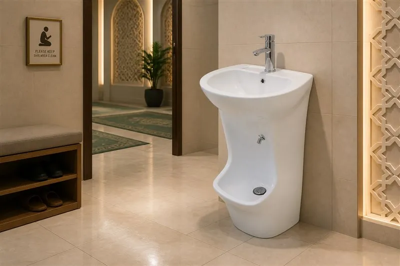 info-1-1 Tall white ceramic wudu basin in a shopping mall prayer room washroom