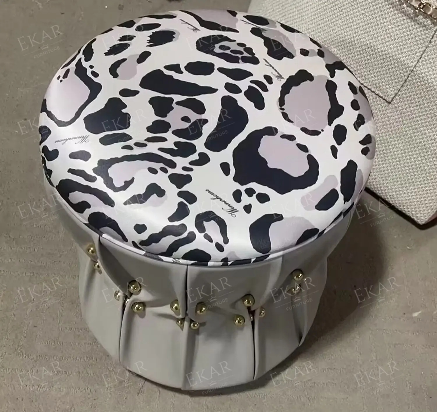 product luxurious gold brushed metallic finish drum stool contemporary accent seating pouf-69