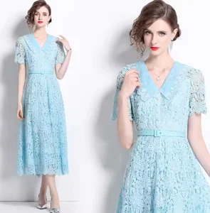 Elegant Women's Summer Midi Dress High-End Luxury Water-Soluble Lace Cut-Out Design Sweet Style Natural Button Eco-Friendly