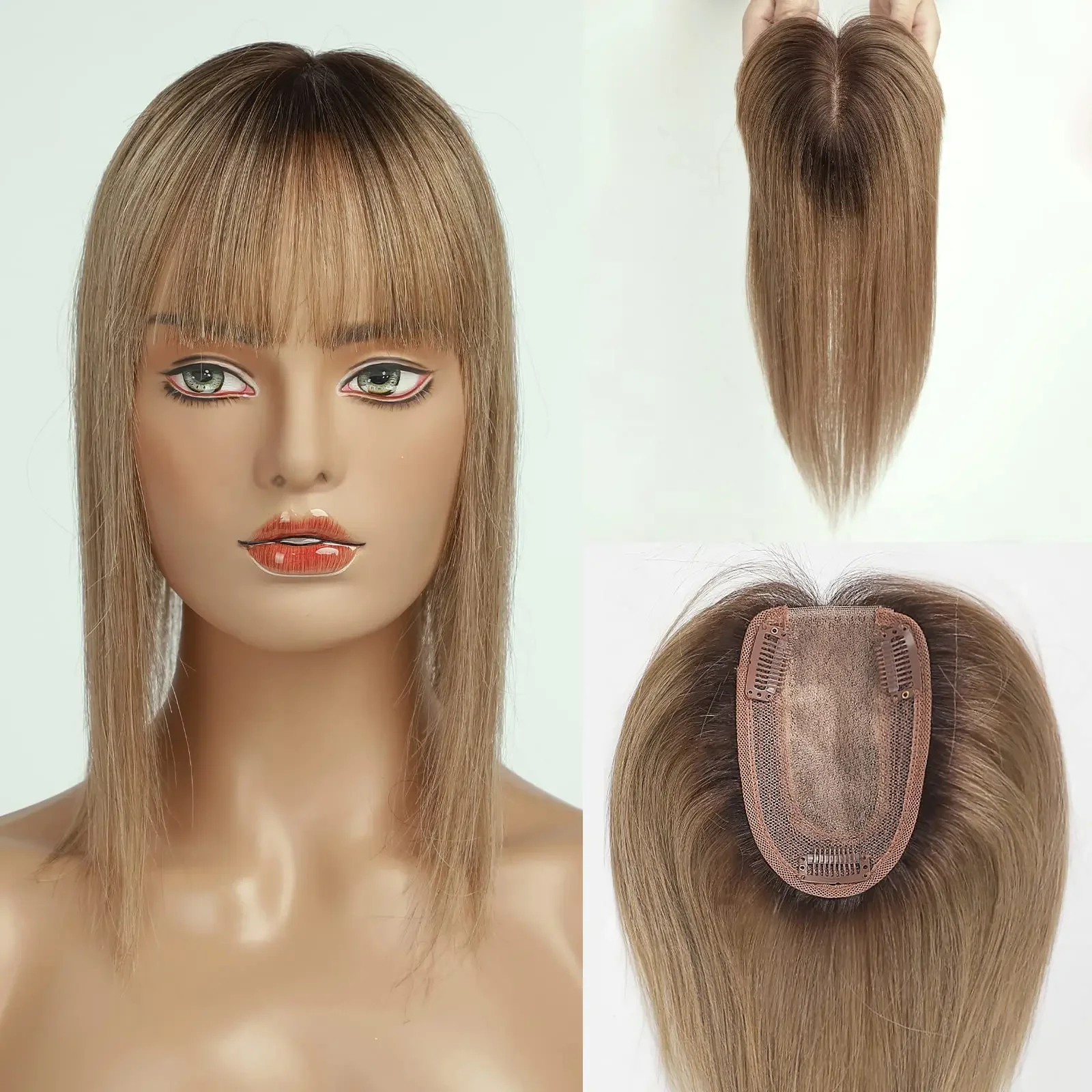 100 % remy-hårtoppere med pannelugg, honningblondt hår, silkebase, klips i topper, topphår for kvinner med tynt hår_voghion.com