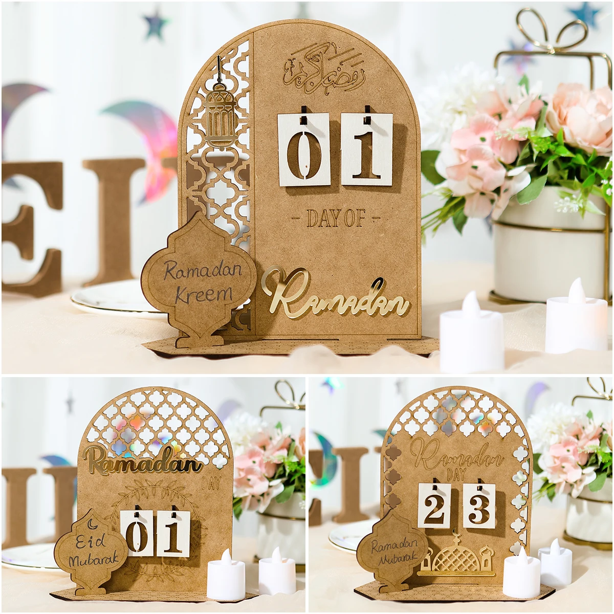 Calendario Dell'Avvento In Legno Per Ramadan A Forma Di Palazzo 20x20 Cm - Decorazione Casa Per Il Conto Alla Rovescia