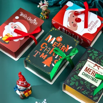 Christmas Folding Gift Boxes Chocolate Cookie Candy Book Shape Gift Paper Packaging Box With Ribbon