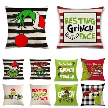45x45 cm Customize Cushion Cover Christmas Themed Green Monster Print Linen Throw Pillowcase Supplies