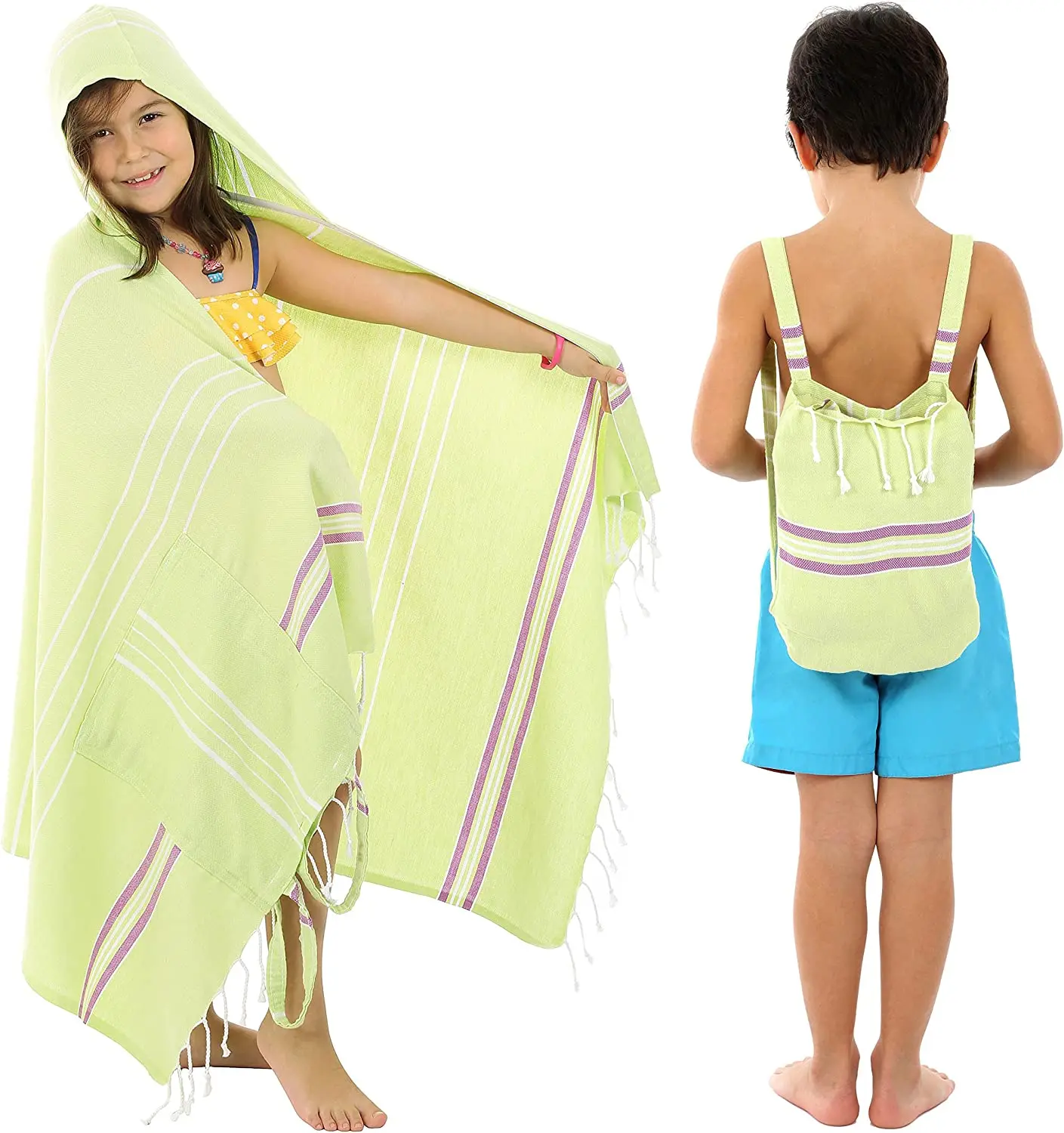 Personality Kids Poncho Towel Surf Kids Hooded Towel Custom Cotton Turkey Stripe Kids Back Pack details