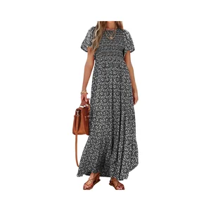 Women's Summer Floral A-line Natural Waist Maxi Dress Casual Flutter Short Sleeve Bohemian Crew Neck Smocked Tiered Long Chiffon