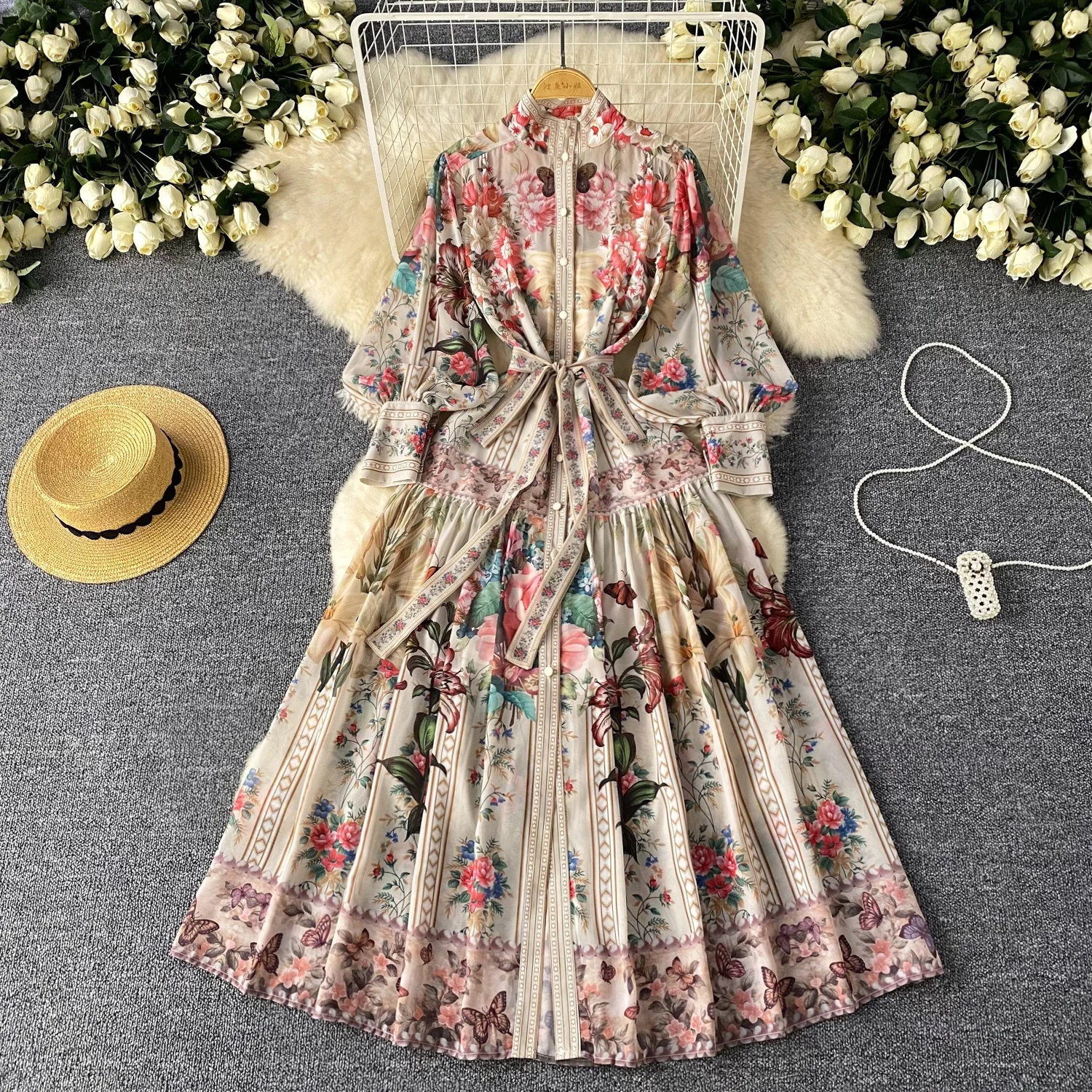Europe and the United States Retro Women Lantern Sleeves Waist Tie Long  Printed Dresses