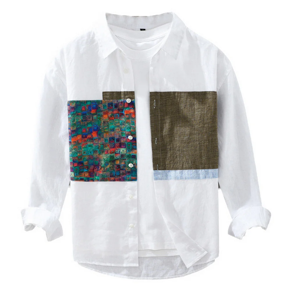 2025 New Design High Quality Casual Buttons Pure Linen Long Sleeve Shirts For Men Patchwork Linen Shirt_voghion.com