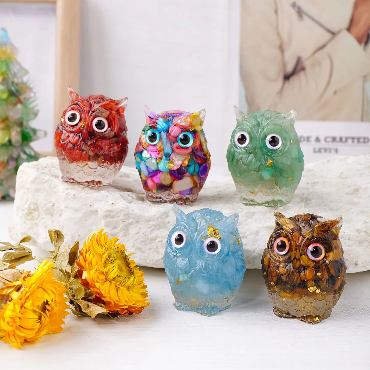 Natural Crystal Chips Owl - Healing Amethyst Resin Citrine