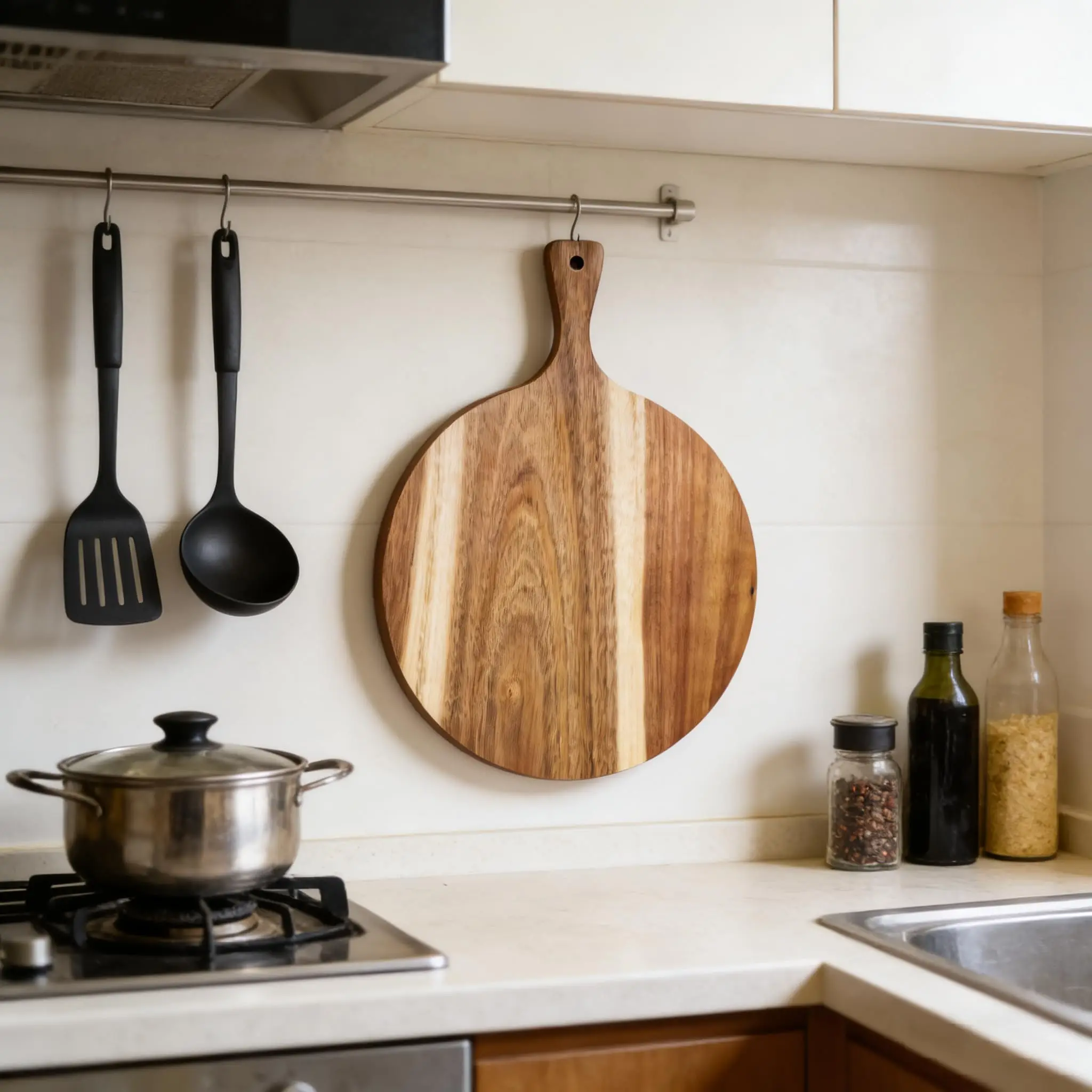 product custom round acacia wood cutting board with handle pizza peel serving tray charcuterie board for kitchen cheese bread meat-7