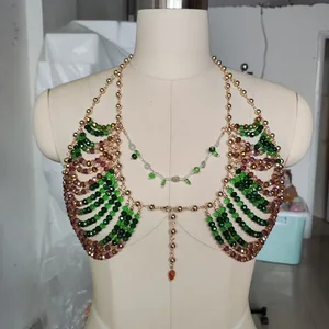 Sexy Green Beaded Crystal Camisole Chest Bra Lingerie Chain Women Bikini Elegant Festival Nightclub Body Jewelry Y2K Accessories