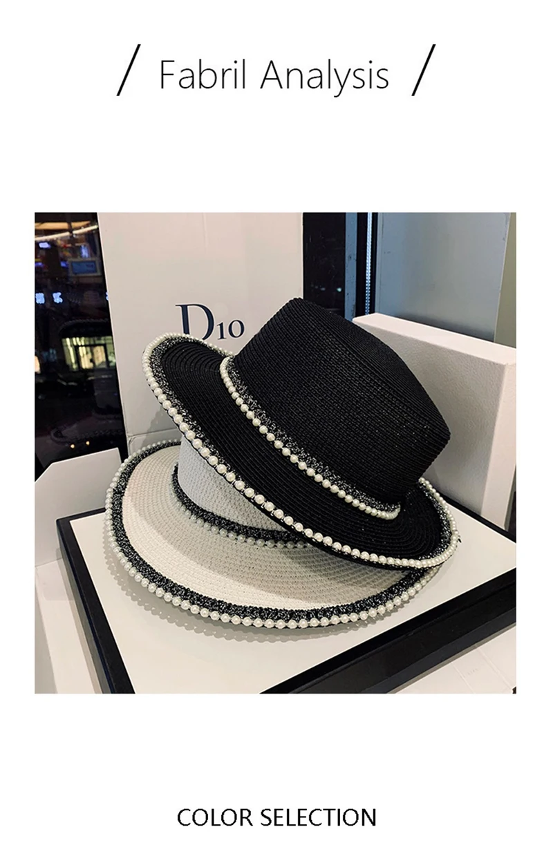 New Summer Ladies Spring Hats Flower Beads Wide Brim Jazz Panama Straw Sun Visor Beach Hat Flower Rivet Pearl Straw Hat Cap