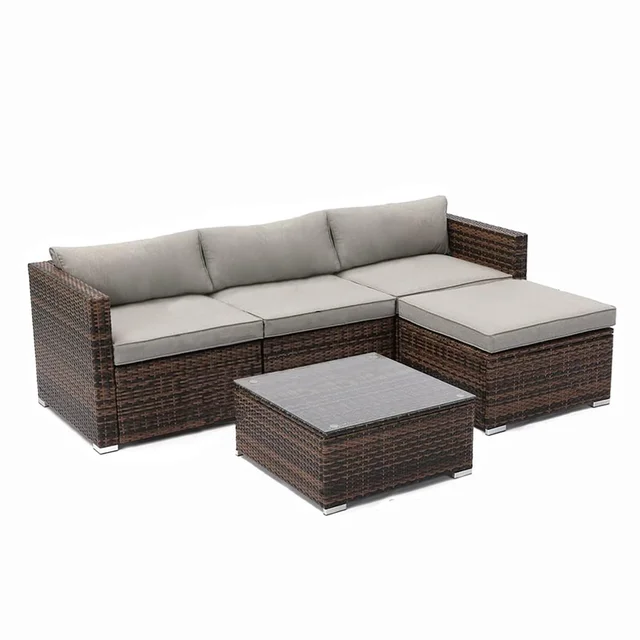 HOMECOME 5-Piece Outdoor Sectional Patio Sofa Set Rattan/Wicker with Glass Table & Cushions for Patio Furniture