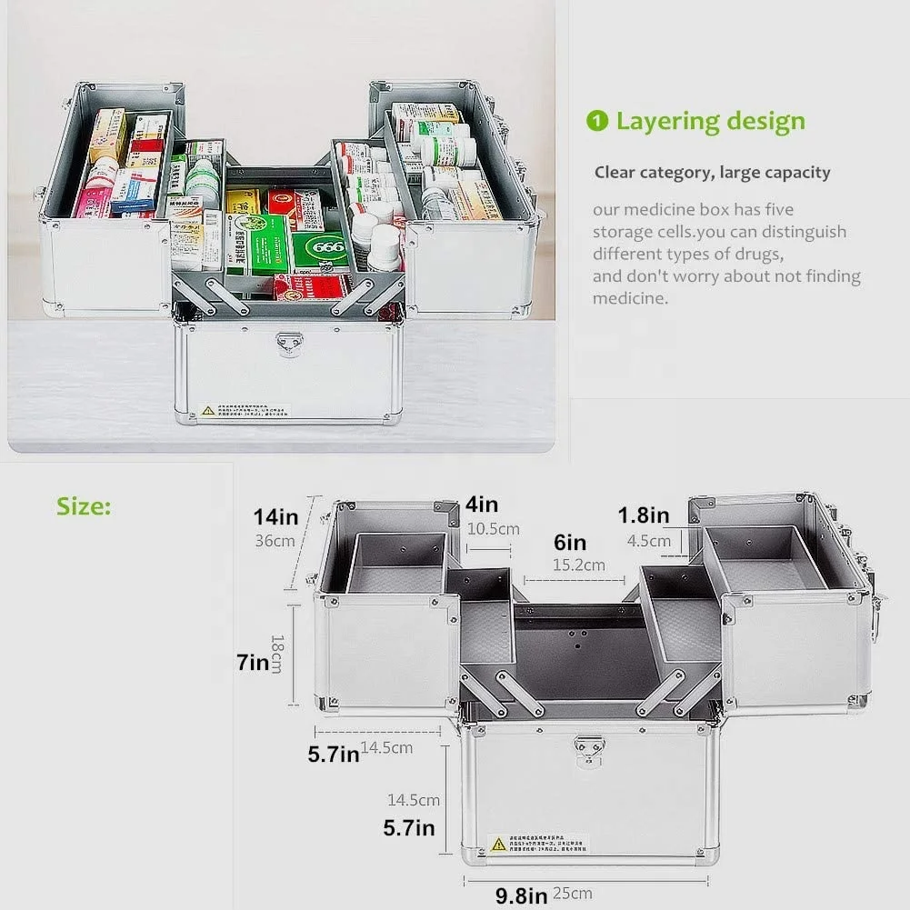 Lockable On-Board Sliding Box for Security Lock Emergency First Aid Medicine Kit Storage Medication Large Space Box with Handle