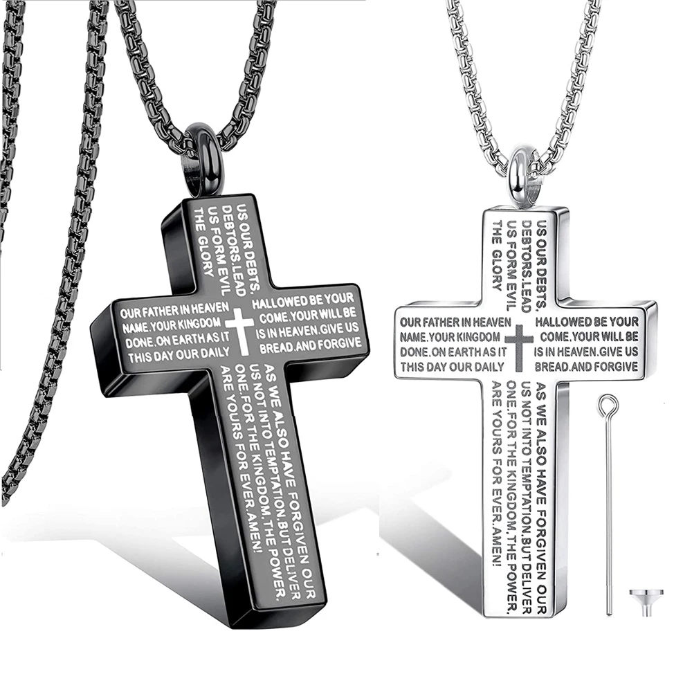 Cross Lords Prayer Pendant Necklace Stainless Steel In Black silver color Male Choker Cremation Urn jewelry for Memorial