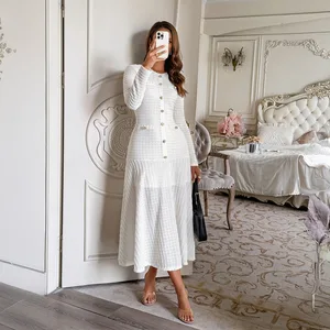 Custom Women's Clothing - Autumn Ladies' Dress Fashionable Button Crew-Neck Long-Sleeve Ribbed Knit Casual Dress