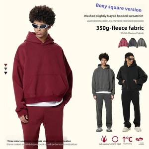 350G "Boxy" Thickened Washed Slightly Distressed Hoodie Fleece Fabric Trendy Men's Hooded Sweatshirt with Pockets