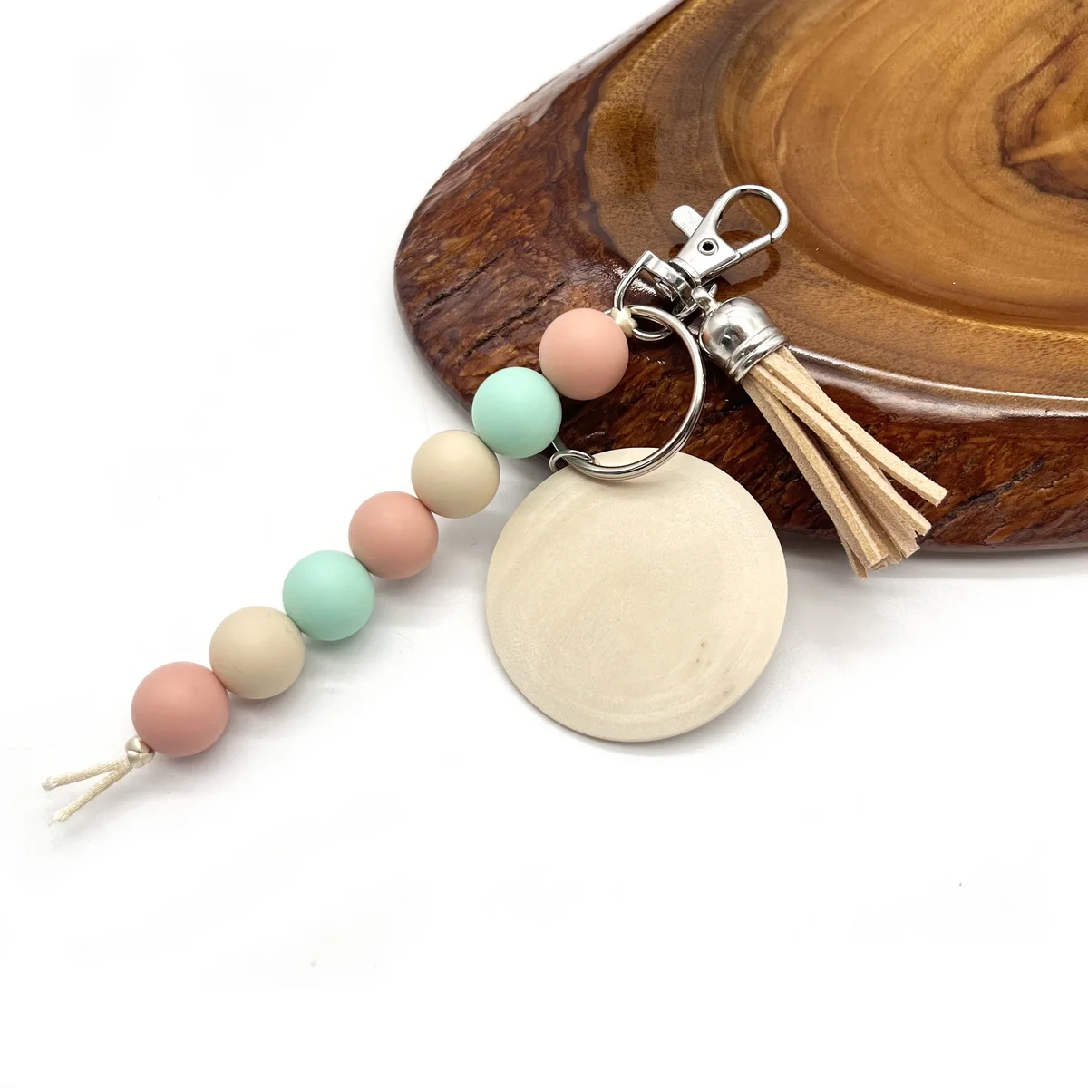 Wholesale Personalized Custom Blank Wood Disc Tassel Silicone Bead