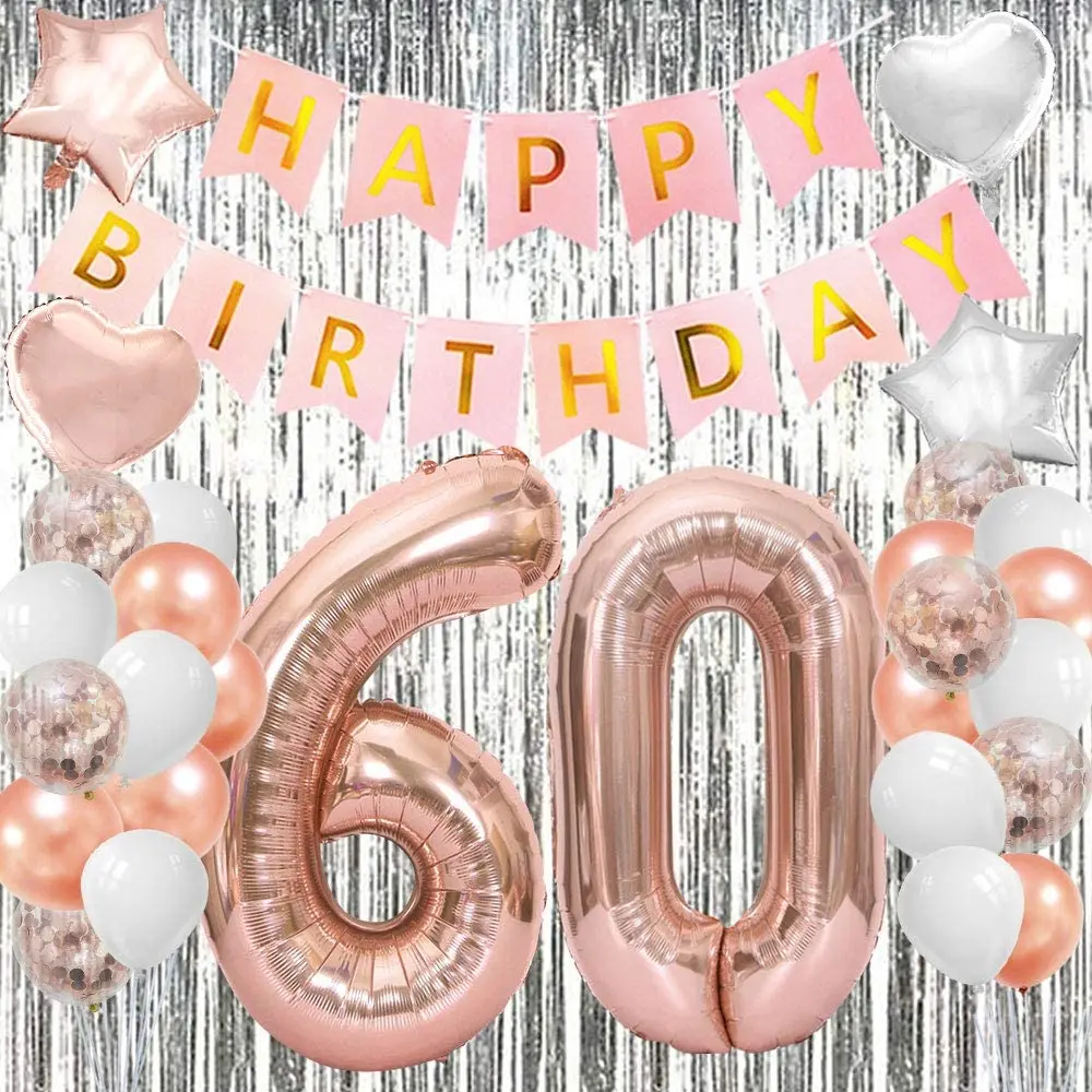 60 cumpleaños decoraciones suministros de fiesta, 60 cumpleaños globos oro  rosa, número 60 mylar globo, látex globo decoración, gran dulce 60 – Yaxa  Colombia