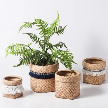 Farmhouse Weave Pattern Ceramic Flowerpot Small Pots for Succulents Planter Pot De Plantse Tassel Bag Shape Flower Pot With Hole