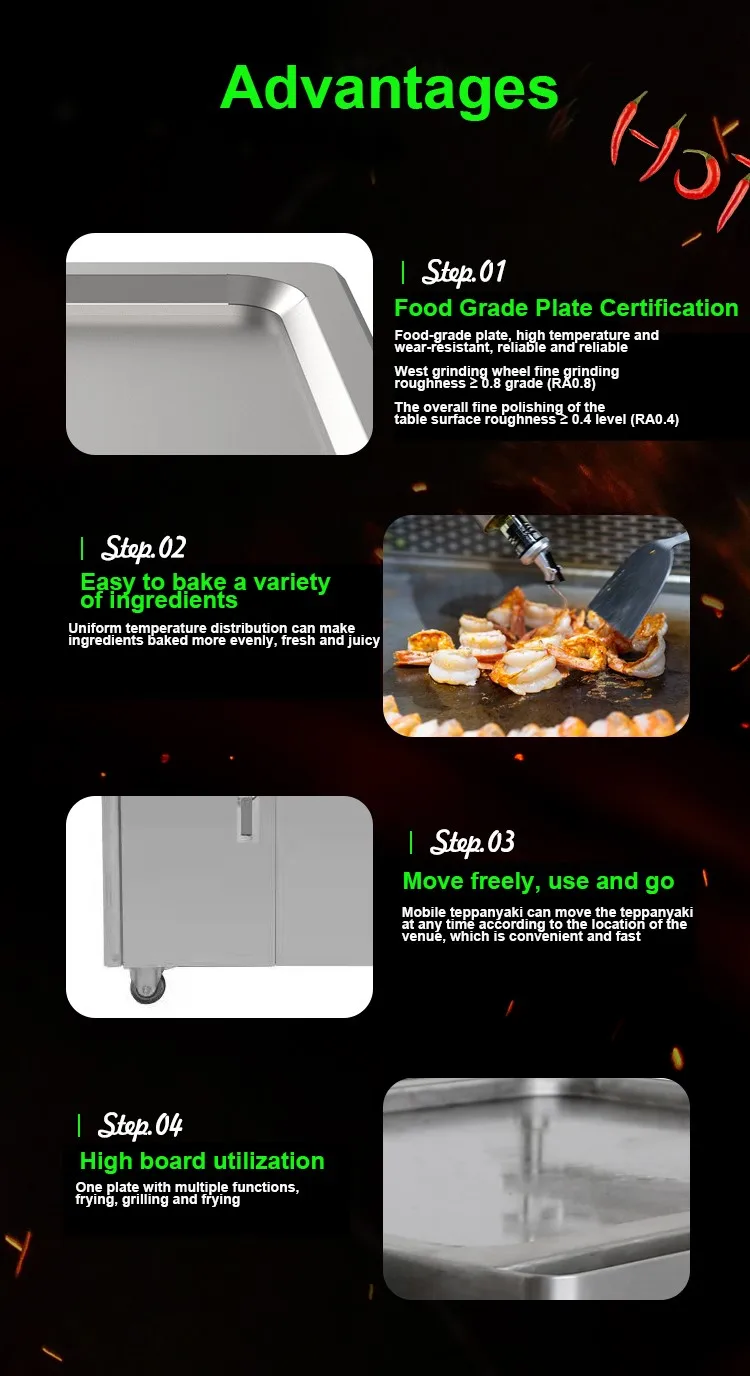 1.6m 8KW Gas Teppanyaki Grill Table with 8 Seats and Lower Exhaust for Commercial Use