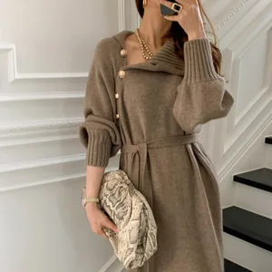 2026 New Women's Rib Knitted Lace-Up Waist Long Sweater Dress Loose Button High Neck Casual Style for Winter Front Logo