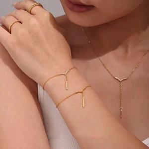 Ilona Simple 18k Gold Plated Stainless Steel Jewelry Set for Women v Shape Tassel Long Chain Necklace Bracelet Accessories