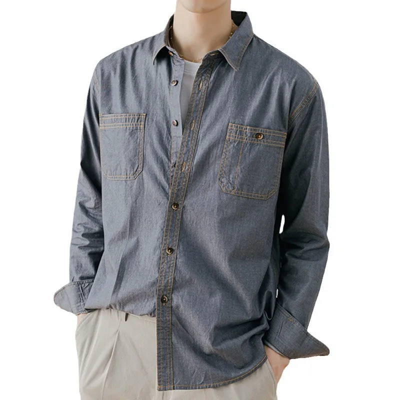 American Vintage Denim Shirt Men's Cotton Double Pockets Men's Shirts Work Style Long Sleeve Shirt Man