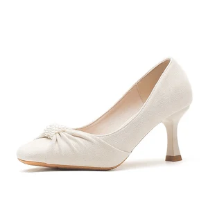 Elegant High - Heeled Summer Slip - on Round Toe Stiletto Heels with Pearl Decoration, Microfiber Upper & Rubber Sole