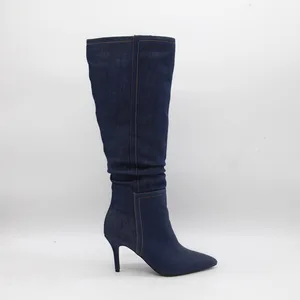 BUSY GIRL HQ1140 Boots Custom Logo High Heels Boots Women's Dark Denim Minimalist Stiletto Heel Pointed Toe Knee High Boots