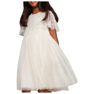Sweet Sheer Sleeve Sequined Top Dress White Tulle Delicate Children's Girls Knee Length Princess Dress
