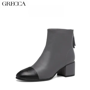 Women's Ankle Boots Genuine Leather Classic Retro Chunky Heel Slip-On Square Toe Grey Black Color Block Stylish Comfortable