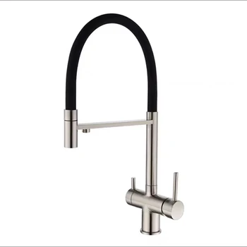 High Quality Dual Handle Brushed Kitchen Faucet OEM Pull out 3 Way Deck Mount Water Tap