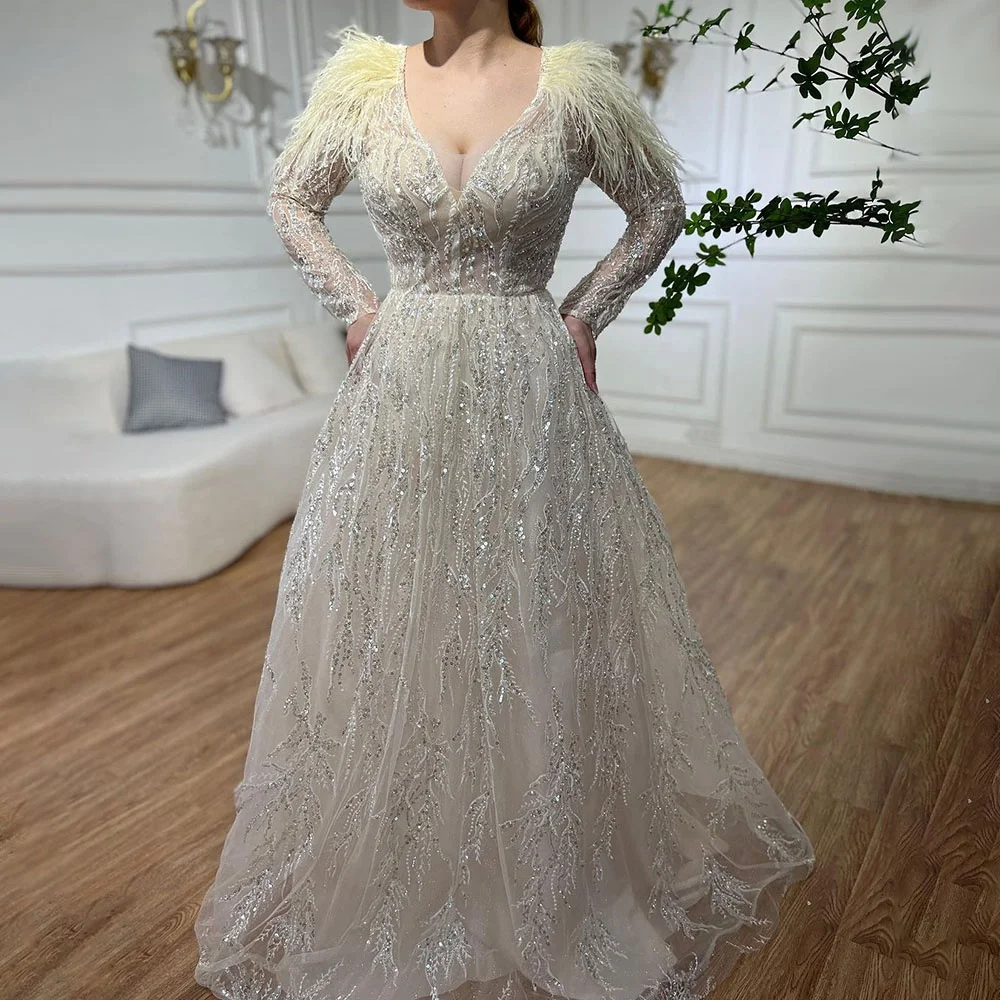 Elegant Beige Long Sleeve a-Line Beaded Prom Dress LA72172 Elegant Beige Long Sleeve a-Line Beaded Prom Dress LA72172