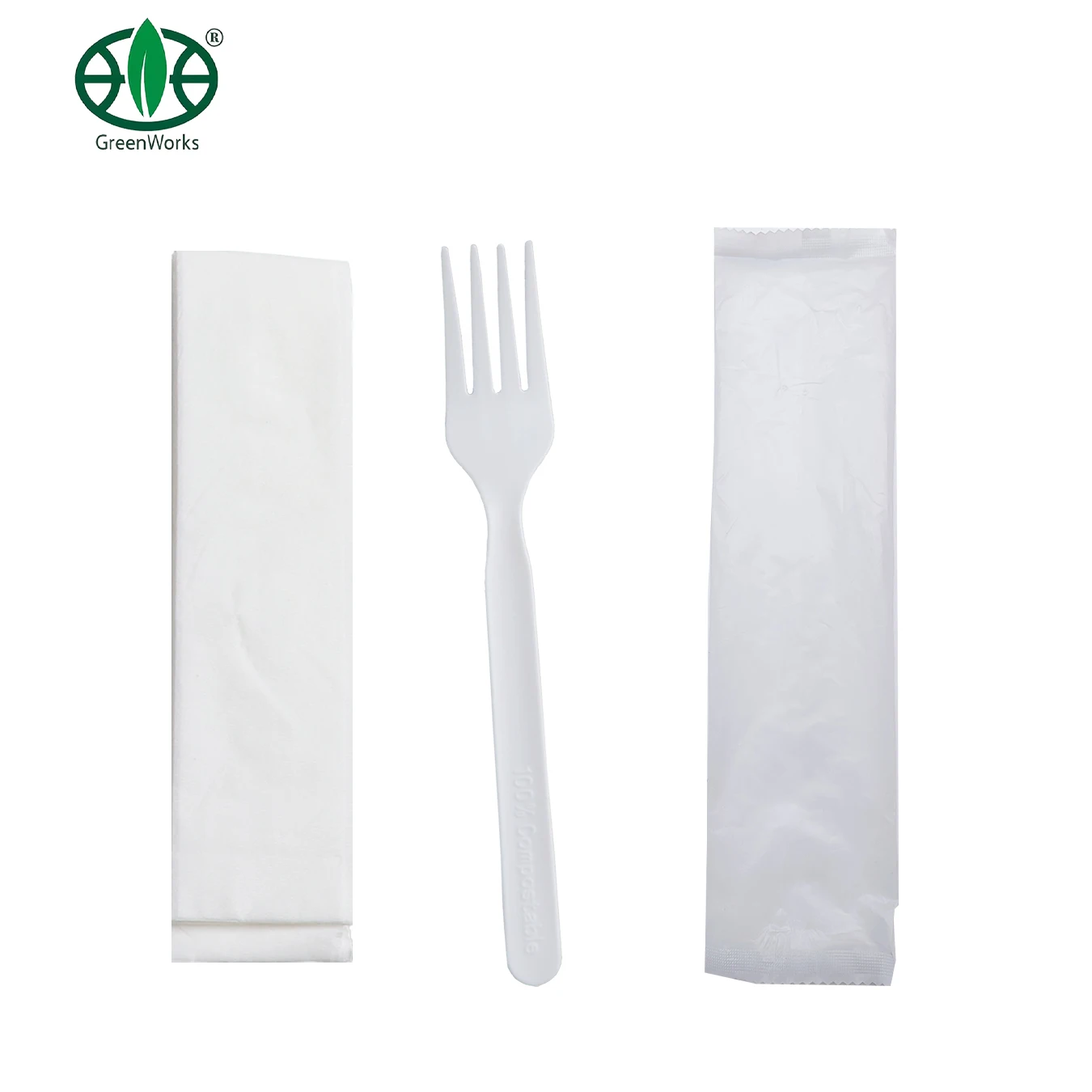 GreenWorks Wholesale Customized Wrapped Individually Compostable Plastic CPLA Forks with Biobag Printing Sets NAPKIN