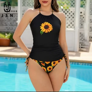 JSN 2026 Customized New Halter Two Piece Bikini with Print Flower Thongs Backless Women's Drawstring Sexy Swimsuit