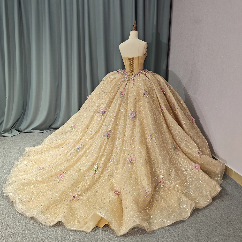Champagne Quinceanera Dresses Floral Ball Gown Princess Dress Lace  Appliques Sweet 15 Prom Party Dress 1239