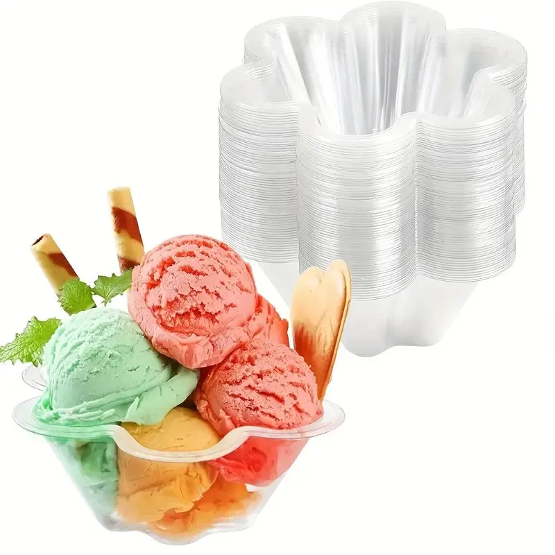 8 Oz Plastic Disposable Ice Cream flower Bowls Plastic Clear Sundae Cups For Yogurt Parfait