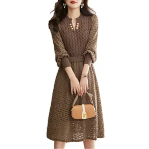 Customize Ladies A-Line Floor-Length Woolen Knitted Autumn Natural Waist Solid Long Dress Sweater