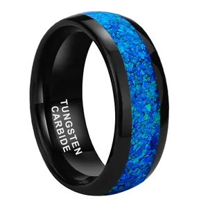 Coolstyle Jewelry 8mm Blue Opal Inlay Black Tungsten Carbide Ring for Men Women Fashion Engagement Wedding Band Comfort Fit
