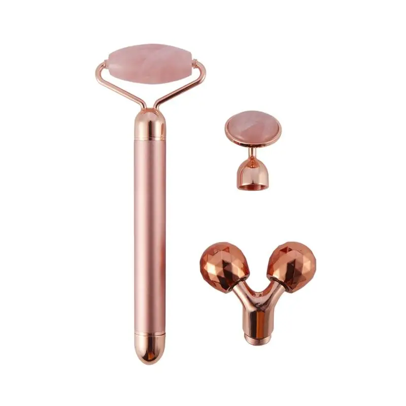 3 In 1 Electric Vibrating Jade Stone Roller Set Natural Rose Quartz Jade  Face Lifting Massager with 3 Replaceable Heads