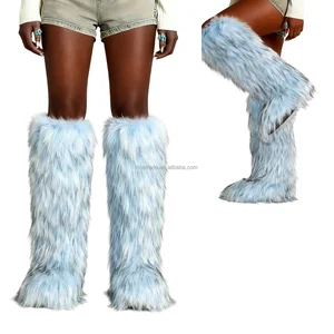 BUSY GIRL RS9253 Women's Light Blue Faux Fur Knee-High Boots Winter Custom Boots Manufacturers 2026 Tall Fur Boots Casual Shoes
