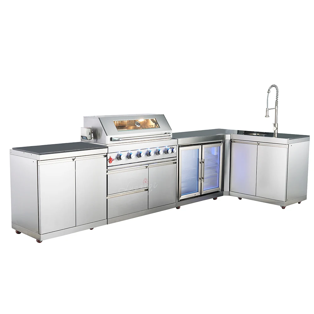 Modular Black LPG Gas Barbecue Grill with Fridge for Outdoor Kitchen or Garden Use