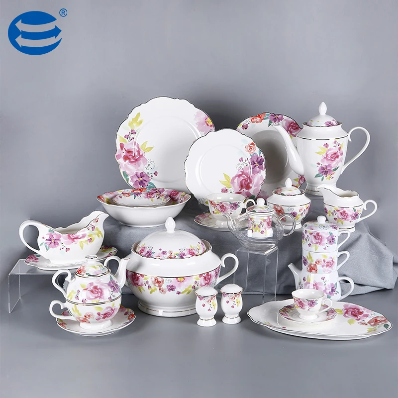 Excellent pink Flower Blossom on New Bone China Dinnerware Service Table  86pcs Dinnerware Service Table